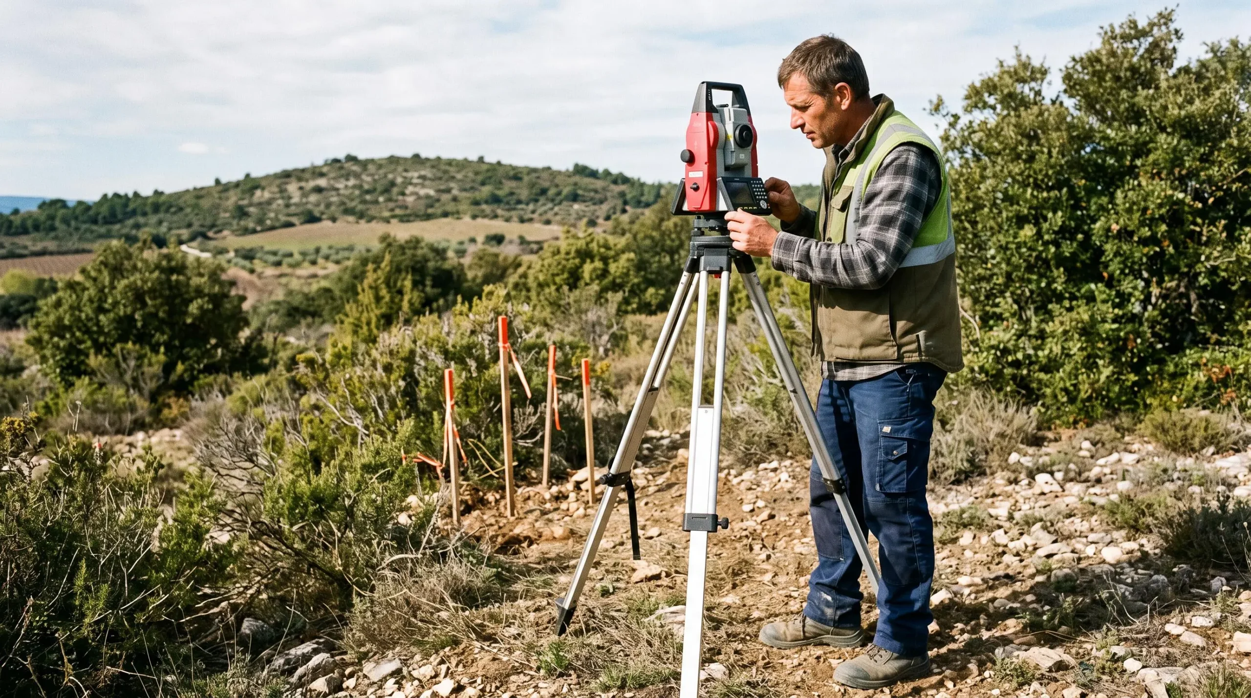 Géomètre-expert utilisant un appareil de mesure topographique pour évaluer un terrain dans le Vaucluse