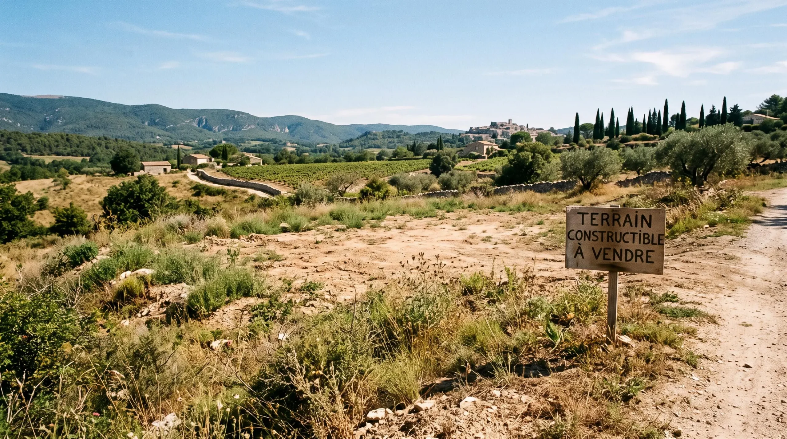 Parcelle de terrain constructible à vendre dans le paysage provençal typique du Vaucluse avec panneau de vente